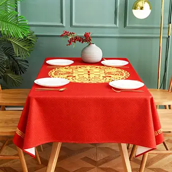 Красная моющаяся скатерть для свадебного банкета с квадратной вышивкой в китайском стиле, покрывающая стол,