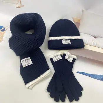 Комплект шапок, шарфов и перчаток, зимний вязаный комплект из 3 предметов для мужчин, женская шапка с логотипом, перчатки с сенсорным экраном, длинный шарф с флисовой подкладкой для мужчин