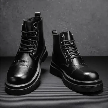 Мужские осенние мотоциклетные кожаные ботинки с высоким берцем в британском стиле, на молнии сбоку, Черные ботинки для спецодежды в стиле ретро, Уличные B
