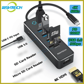 Адаптер-Ключ RSHTECH T16 USB C Hub Type C с Портом Передачи Данных 4K HDMI USB 3.0 мощностью 100 Вт, Устройство Чтения Карт PD SD/TF, Док-станция USB C Hub