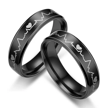 Модные черные кольца для электрокардиограммы из нержавеющей стали, сердцебиения Для мужчин и женщин, Модные ювелирные изделия Оптом