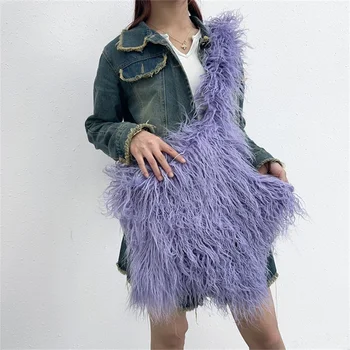 Женская модная шерстяная плюшевая сумка-мессенджер, большая вместительная сумка через плечо, простая универсальная сумка Spice Girl, однотонная сумка-мессенджер.