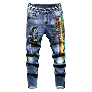 Уличная мода, мужские джинсы, синие мужские рваные джинсы с вышивкой буквами, мужские сшитые дизайнерские байкерские брюки из джинсовой ткани в стиле хип-хоп