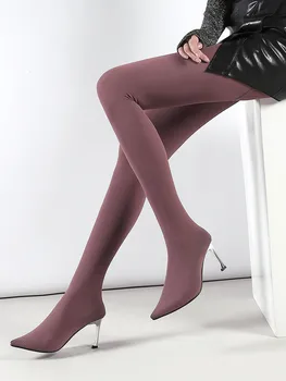 Сексуальные носки из эластичной ткани, женские ботинки на высоком каблуке с блестками, модные цельнокроеные брюки, сапоги с острым носком, уличные ботинки SlimThigh с острым носком