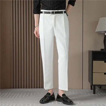 Летние Повседневные брюки с поясом, мужские брюки для делового костюма длиной до щиколоток, прямые брюки с эластичной линией талии, Костюм Homme