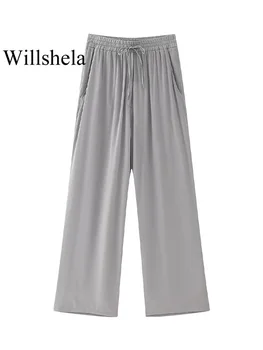 Willshela / Женские модные Серые плиссированные прямые брюки на шнурке, винтажные, с высокой эластичной талией, полной длины, шикарные женские брюки