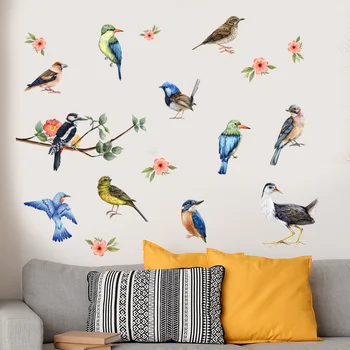 Декор стен из натуральных цветов с множеством птиц, наклейки для домашнего декора, креативные наклейки для украшения стен в детской спальне