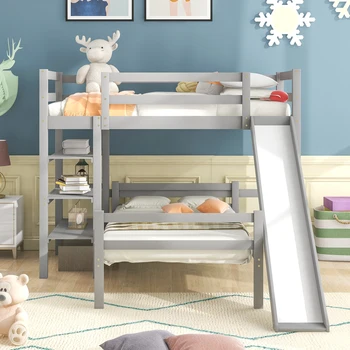Двуспальная кровать-чердак с полками над двумя отдельными кроватями на платформе, Двухцветная мебель для спальни