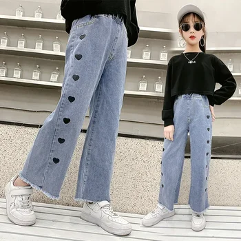 Джинсы для девочек на весну и осень, детская мода, широкие брюки с эластичной резинкой на талии Love Heart, Корейские Детские прямые джинсовые брюки