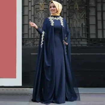 Классические мусульманские Арабские вечерние платья для женщин 2024 С высоким воротом и длинными рукавами, кружевные аппликации, Длинное вечернее платье в Дубае