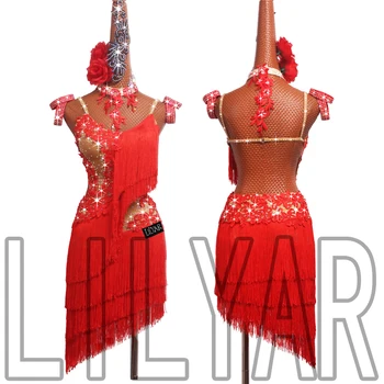 Новая юбка для латиноамериканских танцев Платье для выступлений и соревнований для взрослой дочери с красной вышитой кисточкой Платье для Румбы с сияющими Бриллиантами