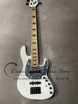 5-струнный электрический бас-гитара белого цвета, кленовый гриф, черная инкрустация, накладка из серого жемчуга, активная батарея, изготовленная на заказ на заводе