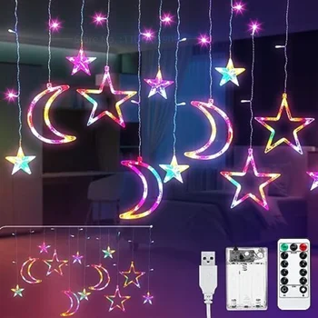 Гирлянды со звездами и Луной, светодиодные фонари, гирлянды для занавесок, гирлянды с питанием от USB и пультом дистанционного управления, гирлянды фей
