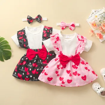 Комплекты летней одежды для маленьких девочек 0-18 месяцев, детские наряды, юбки на подтяжках с цветочным принтом, топы + Комплекты повязок на голову, 3 предмета, одежда для новорожденных