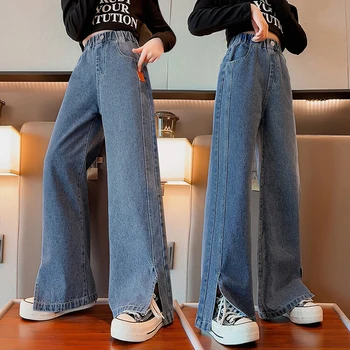 Весенне-осенние джинсовые брюки для девочек, мода 2023, джинсовые брюки для девочек-подростков, Хлопковые Корейские свободные Синие джинсовые брюки с разрезом от 6 до 16 лет