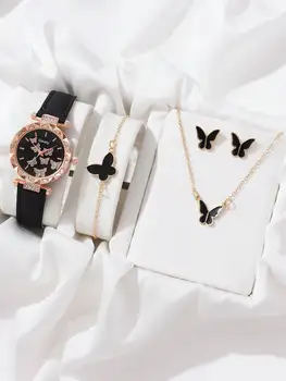 Комплект часов из 4 предметов, модный женский роскошный кожаный ремешок, аналоговые кварцевые наручные часы, женские часы, женское платье Reloj Mujer Clock