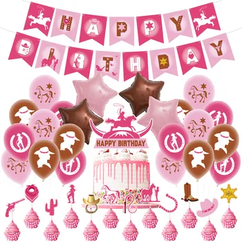 Розовое ковбойское украшение для вечеринки по случаю дня рождения, баннер, воздушные шарики для кексов, для девочек, детские принадлежности для тематических вечеринок с лошадьми и пастушками