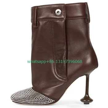 Женские сексуальные черные джинсы, ботильоны на каблуке дизайнерской формы, ботинки с блестящими пайетками, ботинки коричневого цвета с пряжкой, размер 34-43