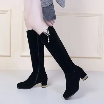 2023 Осенне-зимние новые женские ботинки с длинным рукавом на толстом каблуке, с высоким рукавом до колена, тонкие сапоги