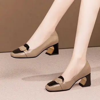 Размер 33-43 Натуральная Женская обувь на каблуках из натуральной кожи, обувь для вечеринки по случаю дня рождения, модная обувь для поездок на работу на толстом каблуке, обувь на высоком каблуке