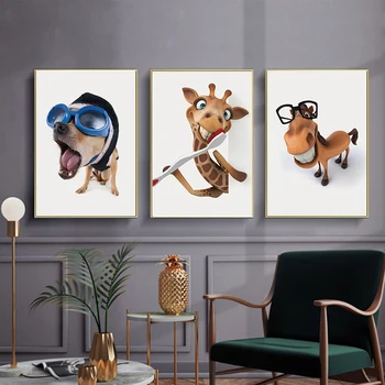 Холст с мультяшным жирафом и собакой в скандинавском стиле, плакат с художественной печатью, забавная настенная картина с мультяшным животным для детской комнаты
