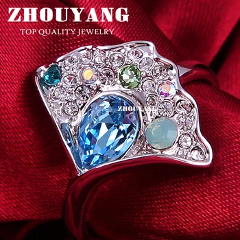 Кольцо с кристаллами в форме веера ZHOUYANG для женщин, ювелирные изделия из серебра высшего качества ZYR047, из Австрии, в натуральную величину 