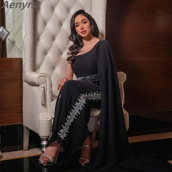 Aenyrst Элегантные вечерние платья из черного атласа Саудовской Аравии для женщин, роскошные платья для выпускного вечера с длинным рукавом и одним плечом, расшитые бисером