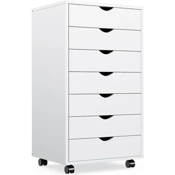 Комод OLIXIS с 7 выдвижными ящиками, деревянный картотечный шкаф на колесиках, комод для хранения вещей на колесиках для домашнего офиса, белый
