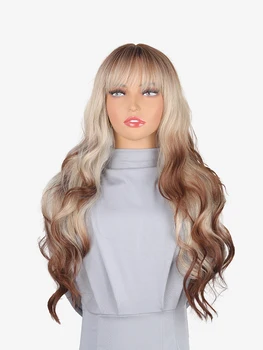Модный парик высокого класса с воздушной челкой, длинные волосы, вьющиеся волосы, большие волны, Градиентный платиновый парик из высокотемпературного шелка, набор для женщин