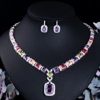 Zlxgirl ювелирные изделия Красочное ожерелье с серьгами из кубического циркона AAA Набор ювелирных украшений для новобрачных Классический женский подарок для новобрачных