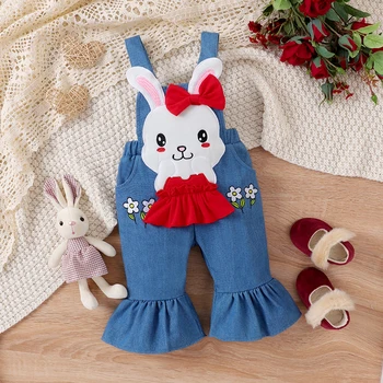Комплект одежды для маленьких девочек, комбинезон с длинными рукавами в виде сердечка, комбинезон с мультяшным кроликом, штаны, осенний комплект одежды