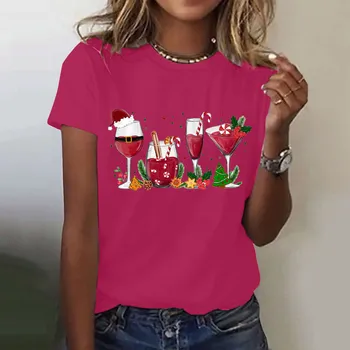 Женские бокалы для вина, рождественские шляпы, футболка, Рождественская одежда, футболка с героями мультфильмов, новогодняя футболка 2024, Рождественская одежда