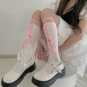 Длинные милые японские чулки с перекрестной завязкой для косплея, милые бандажные чулки, носки средней длины в корейском стиле, женские носки в стиле лолиты