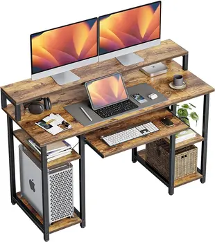 CubiCubi 47-дюймовый компьютерный стол с полками для хранения, Подставка для монитора, Лоток для клавиатуры, Стол для домашнего офиса, Письменный стол для учебы