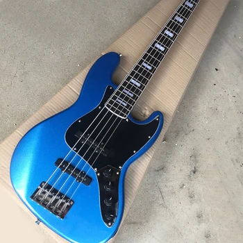 5-Струнная Металлическая электрическая бас-гитара синего цвета с накладкой из розового дерева, Черная Накладка Настраиваемая