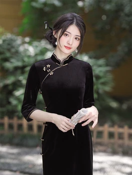 Yourqipao Осень 2023, Длинное Черное Бархатное Ципао Из Чистого Золота, Ретро Модное Элегантное Вечернее Платье Ципао в Китайском Стиле для Женщин