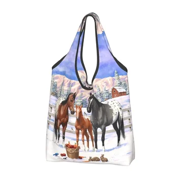 Изготовленные на заказ сумки для покупок Appaloosa Horses In Winter, женские портативные сумки для покупок в продуктовых магазинах большой емкости, Фермерские сумки для животных, сумки для покупок