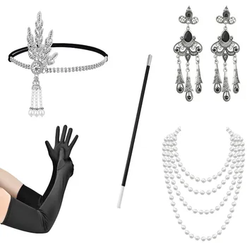 Головные уборы из металлических листьев Gatsby Party, Повязка на голову из сплава, Ожерелье, Длинный Дымовой стержень, Набор перчаток, аксессуары для макияжа 1920-х годов