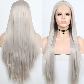 Потрясающий Платиново-серый цвет, прямые синтетические парики на кружеве 13X4, Бесклеевые волосы из высококачественных термостойких волокон для женщин