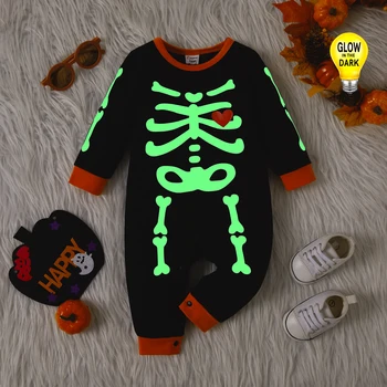 Детские костюмы для косплея на Хэллоуин, светящийся комбинезон с длинными рукавами и принтом скелета, детская одежда