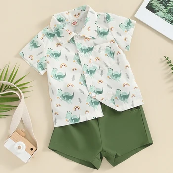 Летняя одежда для маленьких мальчиков Платье с коротким рукавом и пуговицами, рубашка с бабочкой и шорты с принтом, комплект