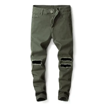 Мужские джинсы большого размера, рваные, приталенные, модные дырки на коленях, однотонные брюки до щиколотки, весенняя и осенняя уличная одежда, мужские джинсы