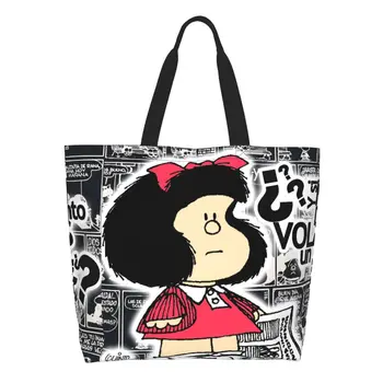 Многоразовая винтажная сумка для покупок Quino Comic Mafalda, женская холщовая сумка через плечо, прочные сумки для покупок в продуктовых магазинах с мультяшным Мангом