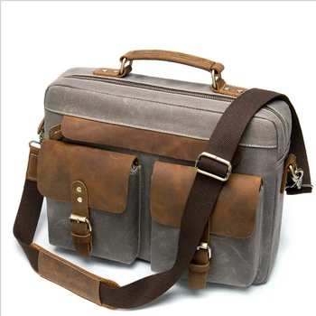 Холщовая мужская сумка 14-дюймовый ноутбук Сумка для ноутбука Портфель Холщовая кожаная школьная сумка Мужская Женская рабочая сумка Повседневная сумка через плечо