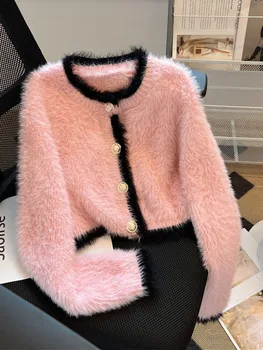 Корейские осенние плюшевые кардиганы Harajuku с круглым вырезом, уютный Розовый свитер для торжественного случая, роскошная вязаная верхняя одежда Mori Girl Нового дизайна