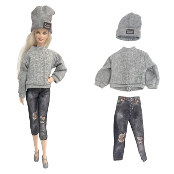 NK 1 комплект, модное вязаное платье для куклы: милая шляпка + серый свитер для вязания из жареного теста + Имитация брюк для куклы Барби