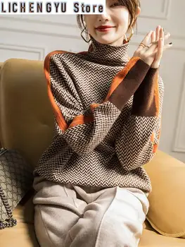 Новый зимний женский свитер с высоким воротом, теплый пуловер, элегантный топ для пригородных поездок, свободный повседневный женский топ контрастного цвета в стиле ретро