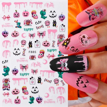 Хэллоуин, милые мультяшные наклейки для ногтей с розовым черепом, Жуткое украшение, Летучая мышь, Злая Тыква, Слайдеры для маникюра, дизайн наклейки для ногтей с кровью