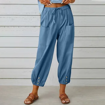 2024 Новые женские модные Широкие брюки из хлопка и конопли, однотонные повседневные брюки, большие размеры, эластичный пояс, карман, Длинные брюки