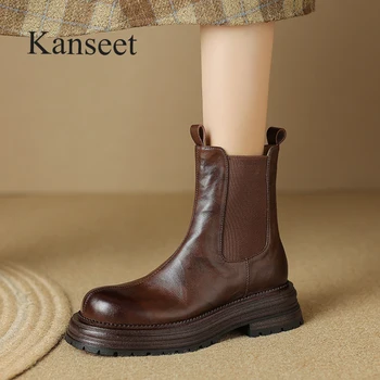 Kanseet, винтажные женские Полусапожки, Зимняя теплая Шерстяная Женская обувь на меху, Эластичные ботинки Челси с круглым носком, Ботильоны на среднем каблуке, коричневый 40